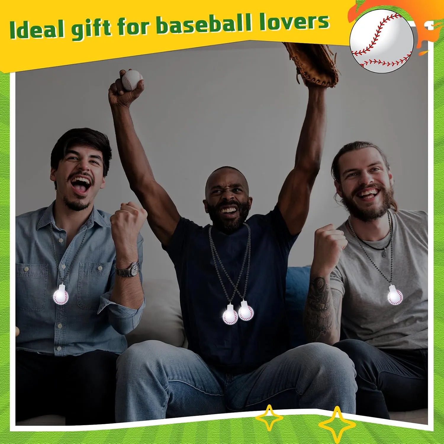 12 Pcs LED Ball Necklaces Basketball Football Baseball Party Light up Necklaces Glow Pendant Sports Party Favors Costume for Adult Sports Themed Party Gift (Baseball)
