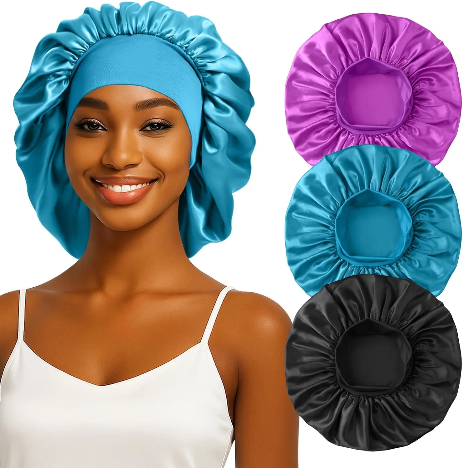 3PCS Silk Sleep Bonnet for Women, Large Satin Hair Caps with Elastic Band, Curly Hair Wrap for Sleeping, Frizz Protection