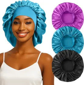 3PCS Silk Sleep Bonnet for Women, Large Satin Hair Caps with Elastic Band, Curly Hair Wrap for Sleeping, Frizz Protection