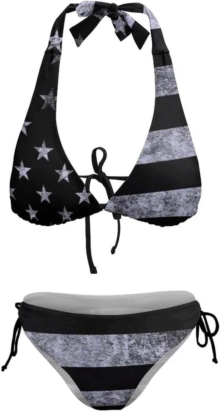 American Flag Bikini Set Halter Padded Top Tie Side Bottom Swimsuit for Women