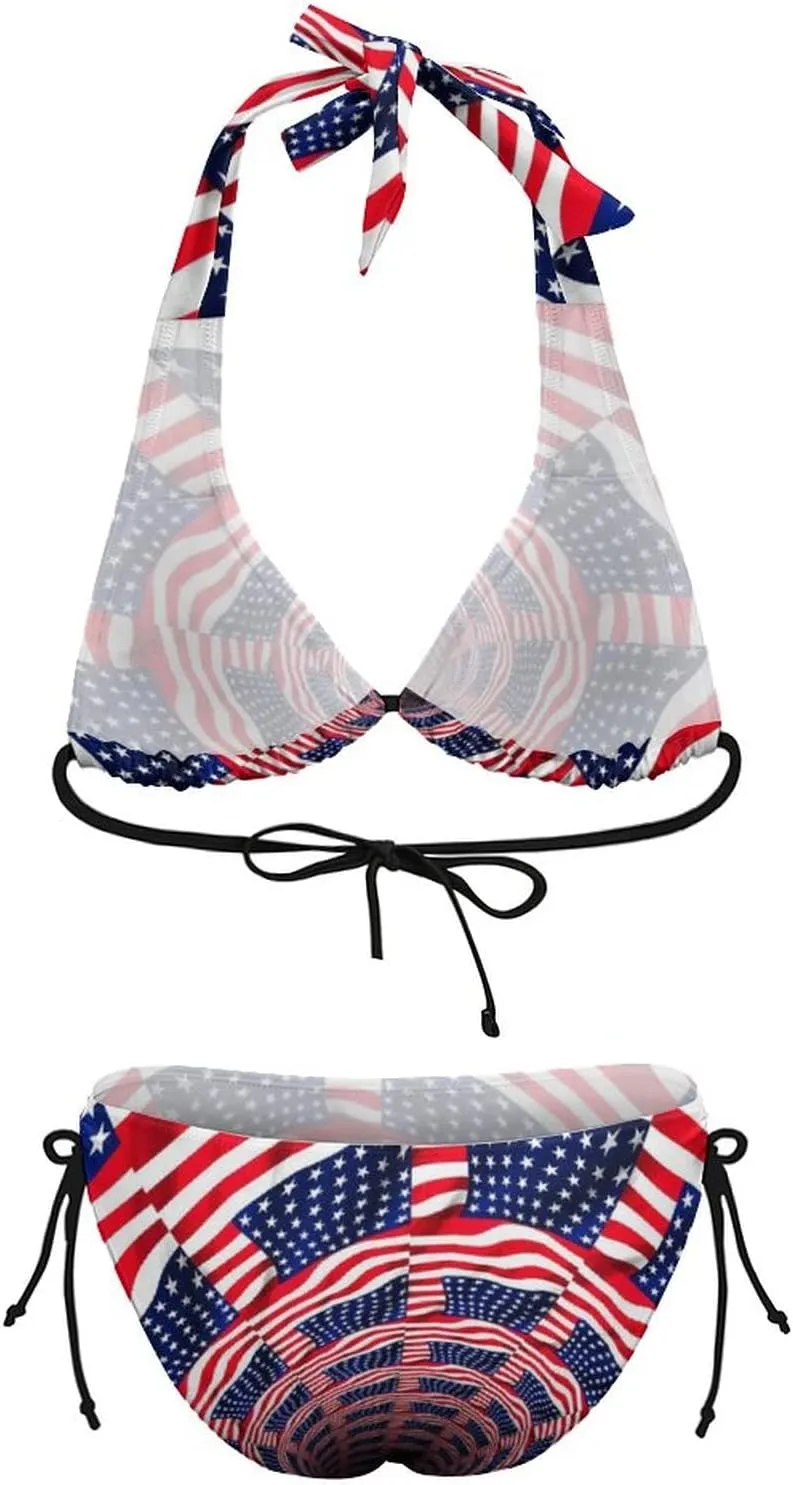 American Flag Bikini Set Halter Padded Top Tie Side Bottom Swimsuit for Women