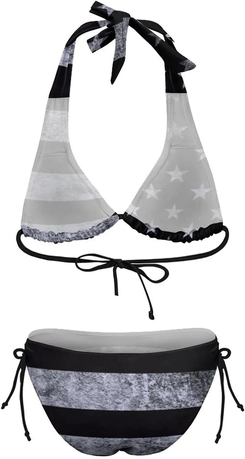 American Flag Bikini Set Halter Padded Top Tie Side Bottom Swimsuit for Women