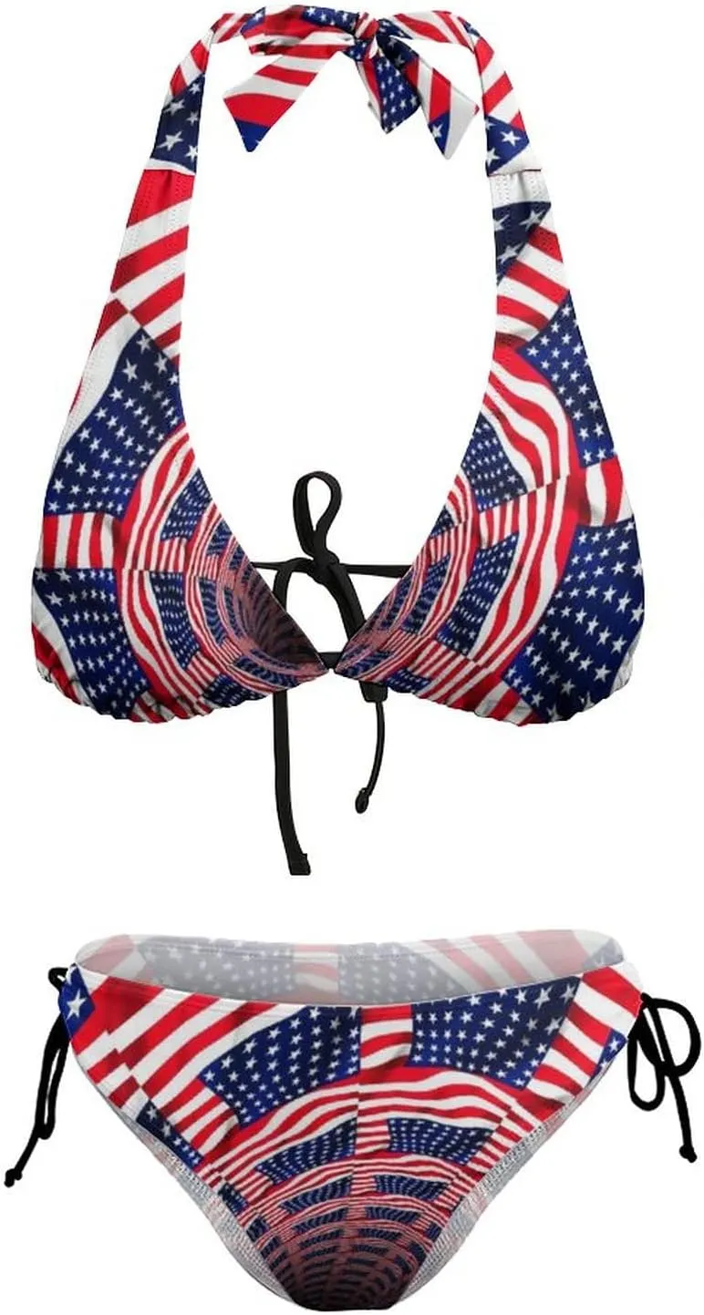 American Flag Bikini Set Halter Padded Top Tie Side Bottom Swimsuit for Women