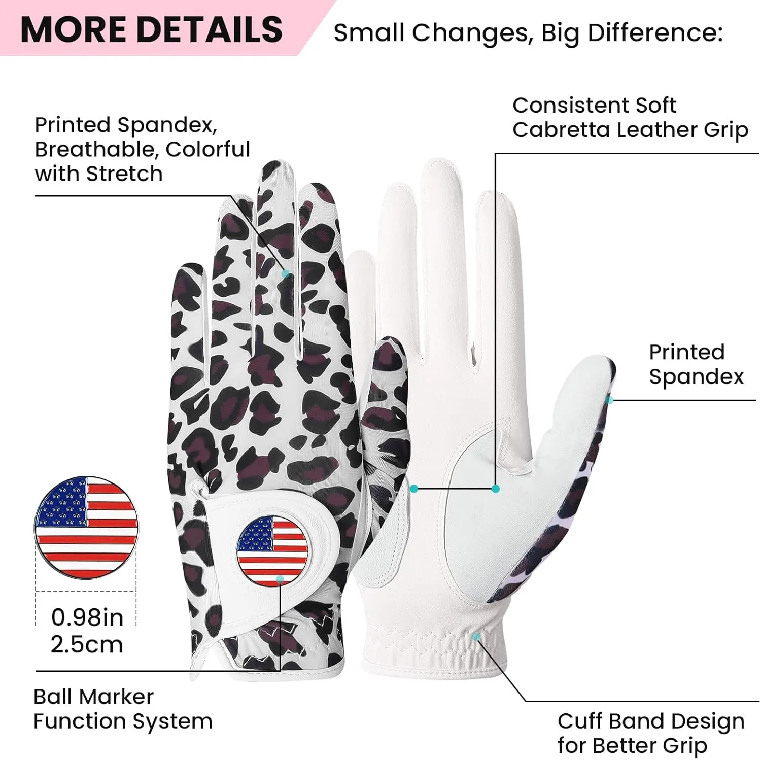 Amy Sport Womens Golf Glove with Ball Marker Rain Left Right Hand Leather Printed Pack, Ladies Golf Gloves All Weather Grip Breathable Soft Size Small Medium Large XL