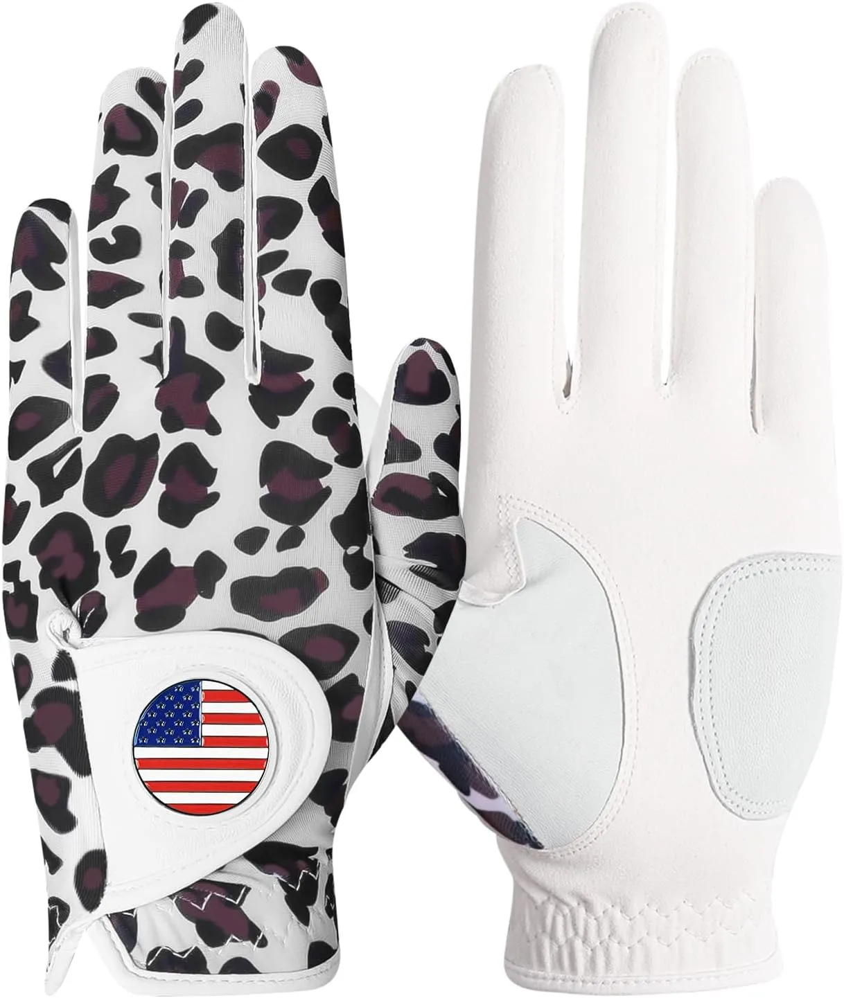 Amy Sport Womens Golf Glove with Ball Marker Rain Left Right Hand Leather Printed Pack, Ladies Golf Gloves All Weather Grip Breathable Soft Size Small Medium Large XL