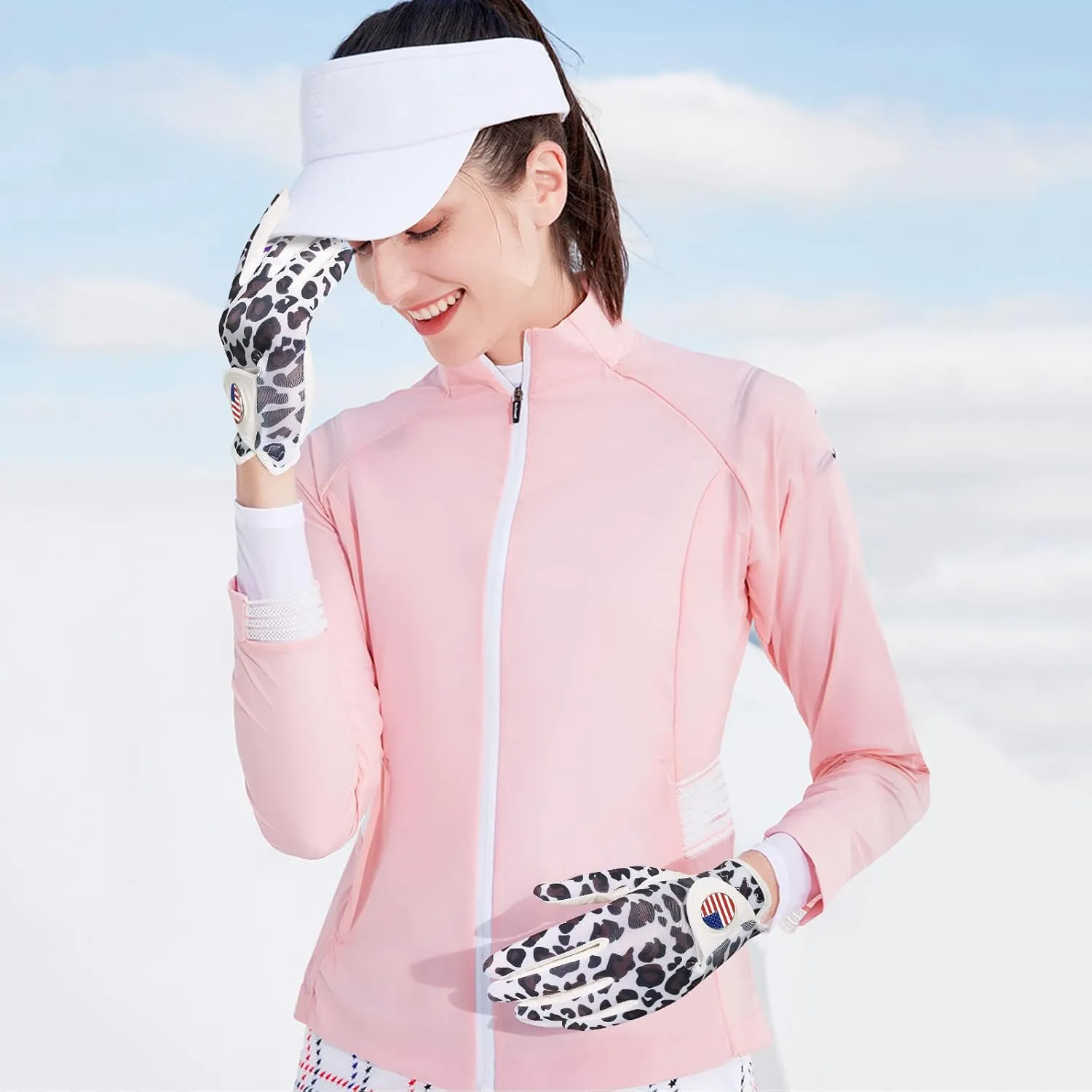 Amy Sport Womens Golf Glove with Ball Marker Rain Left Right Hand Leather Printed Pack, Ladies Golf Gloves All Weather Grip Breathable Soft Size Small Medium Large XL