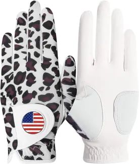 Amy Sport Womens Golf Glove with Ball Marker Rain Left Right Hand Leather Printed Pack, Ladies Golf Gloves All Weather Grip Breathable Soft Size Small Medium Large XL
