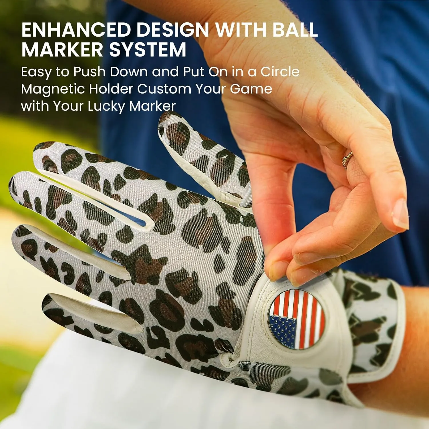 Amy Sport Womens Golf Glove with Ball Marker Rain Left Right Hand Leather Printed Pack, Ladies Golf Gloves All Weather Grip Breathable Soft Size Small Medium Large XL
