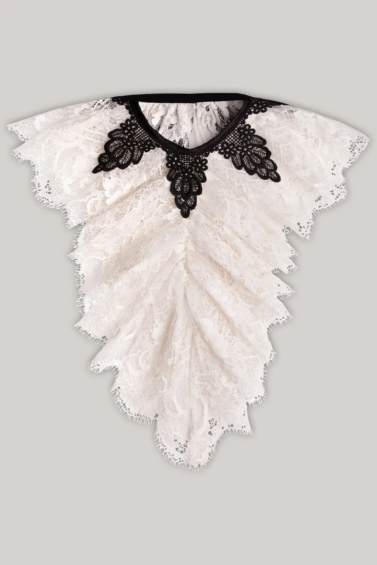 Anne Ruffled Cotton Lace Jabot In Ivory and Black