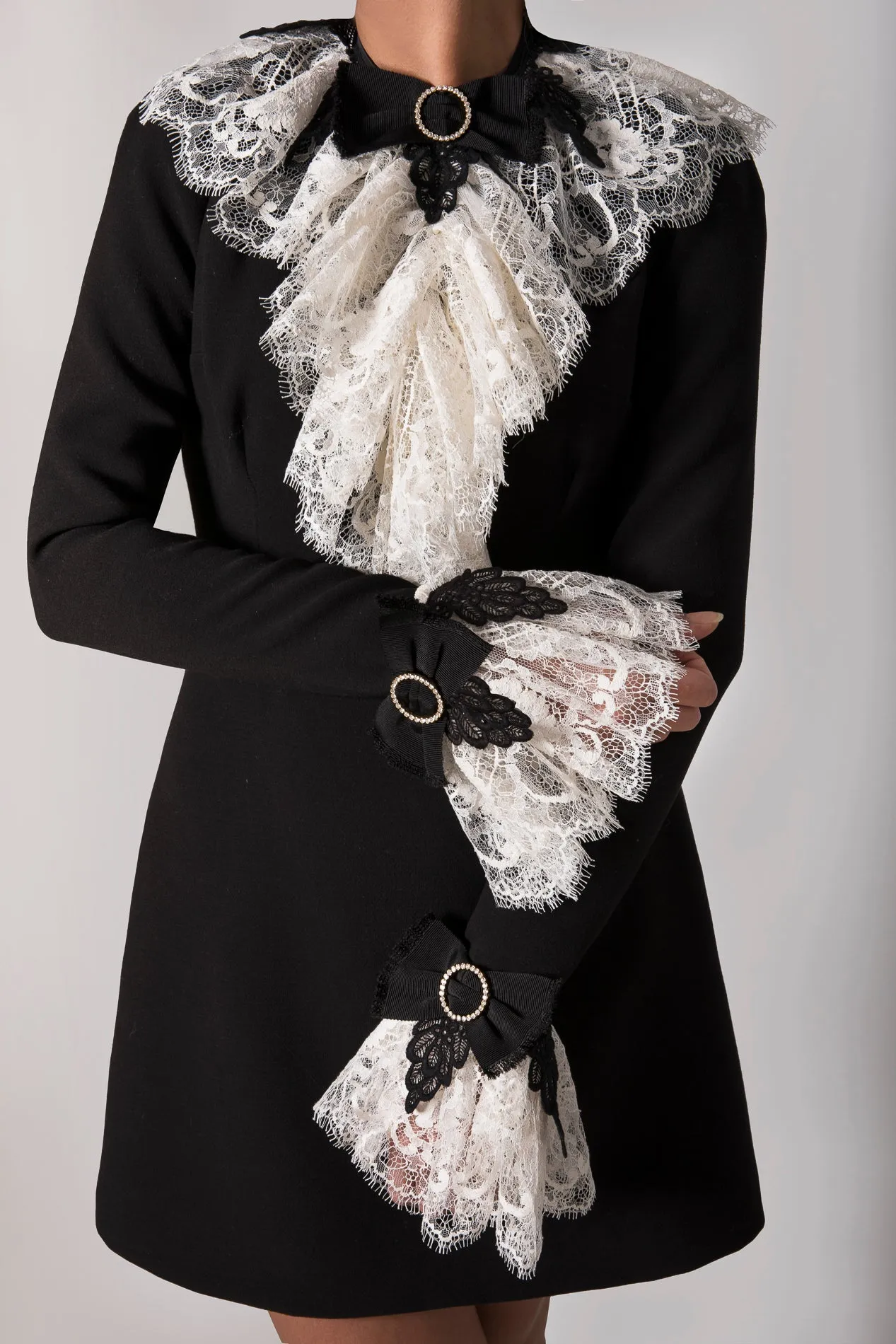 Anne Ruffled Cotton Lace Jabot In Ivory and Black