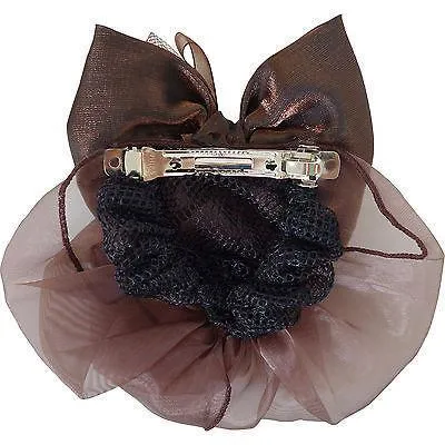 Brown Hair Bow Bun Net Barrette Clip Grip Clasp Clamp Satin Ribbon Snood Cover