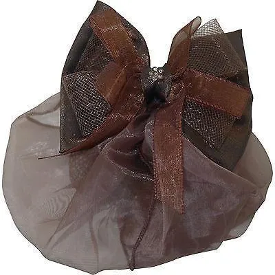 Brown Hair Bow Bun Net Barrette Clip Grip Clasp Clamp Satin Ribbon Snood Cover