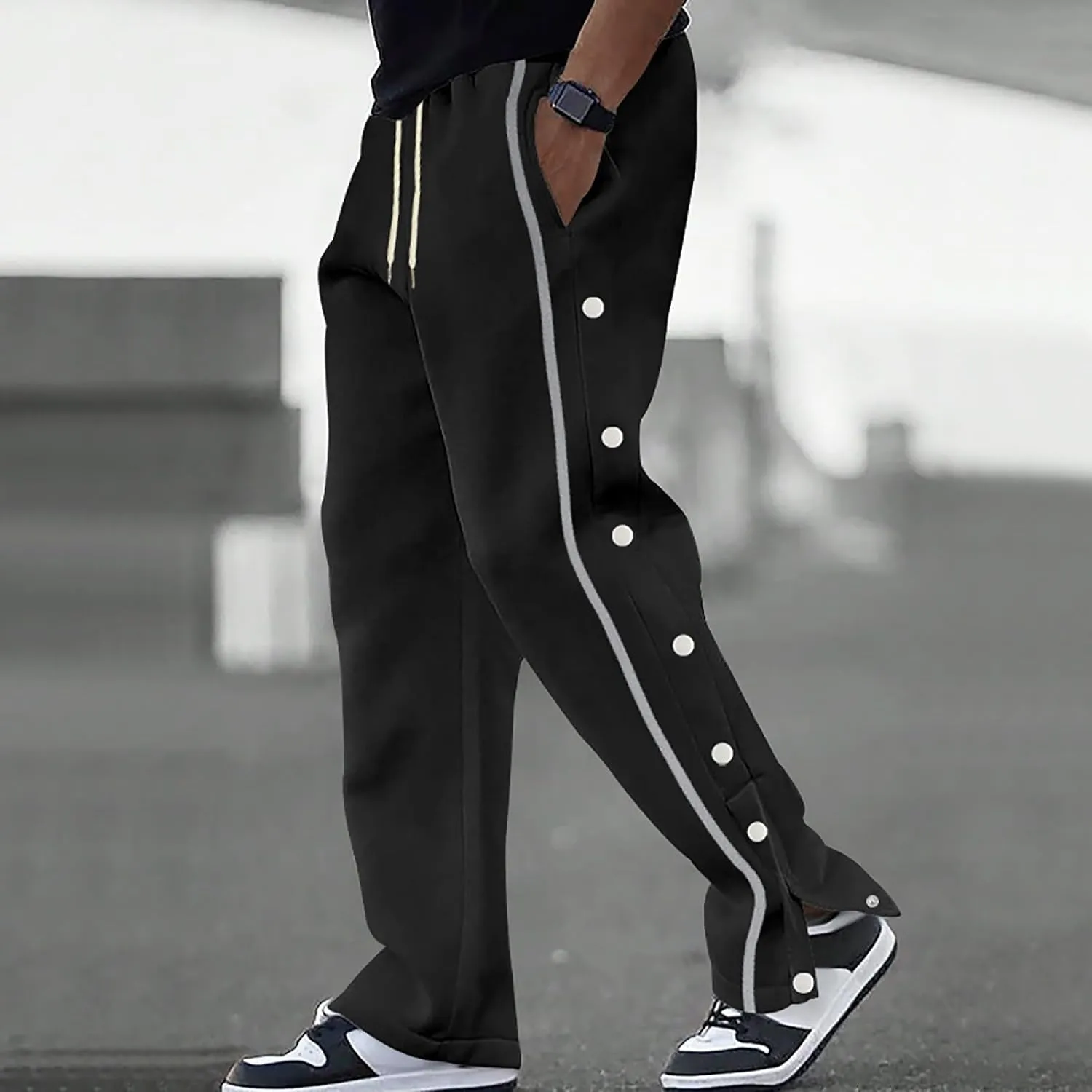 Casual Sweatpants for Men Side Button Elastic Waist Drawstring Active Running Jogging Pants Not Tear Away