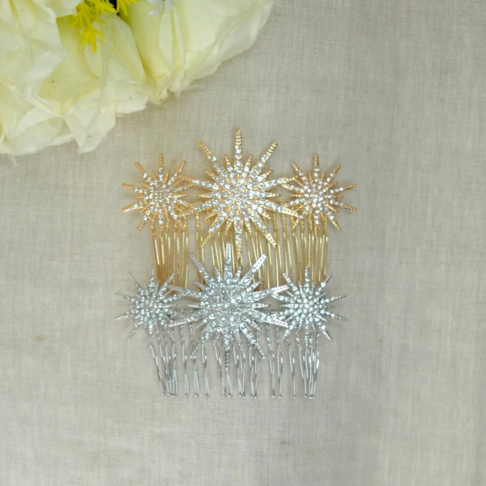 Celestial Star Bridal Hair Comb, Crystal Wedding Hair Accessory for Brides, Handmade Silver or Gold Slide