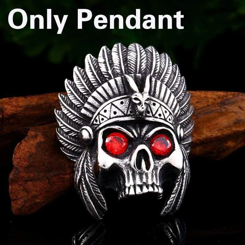 cheif skull pendant necklace with red stone Chain Stainless Steel biker huge heavy power Jewelry