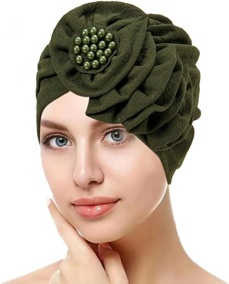 Chemo Turban Caps for Women - Bead Flower Solid Headwear Hats Pre Tied Headwraps for Cancer Patients