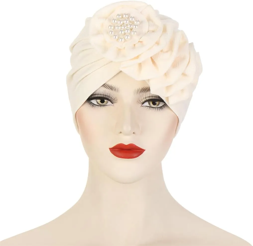 Chemo Turban Caps for Women - Bead Flower Solid Headwear Hats Pre Tied Headwraps for Cancer Patients