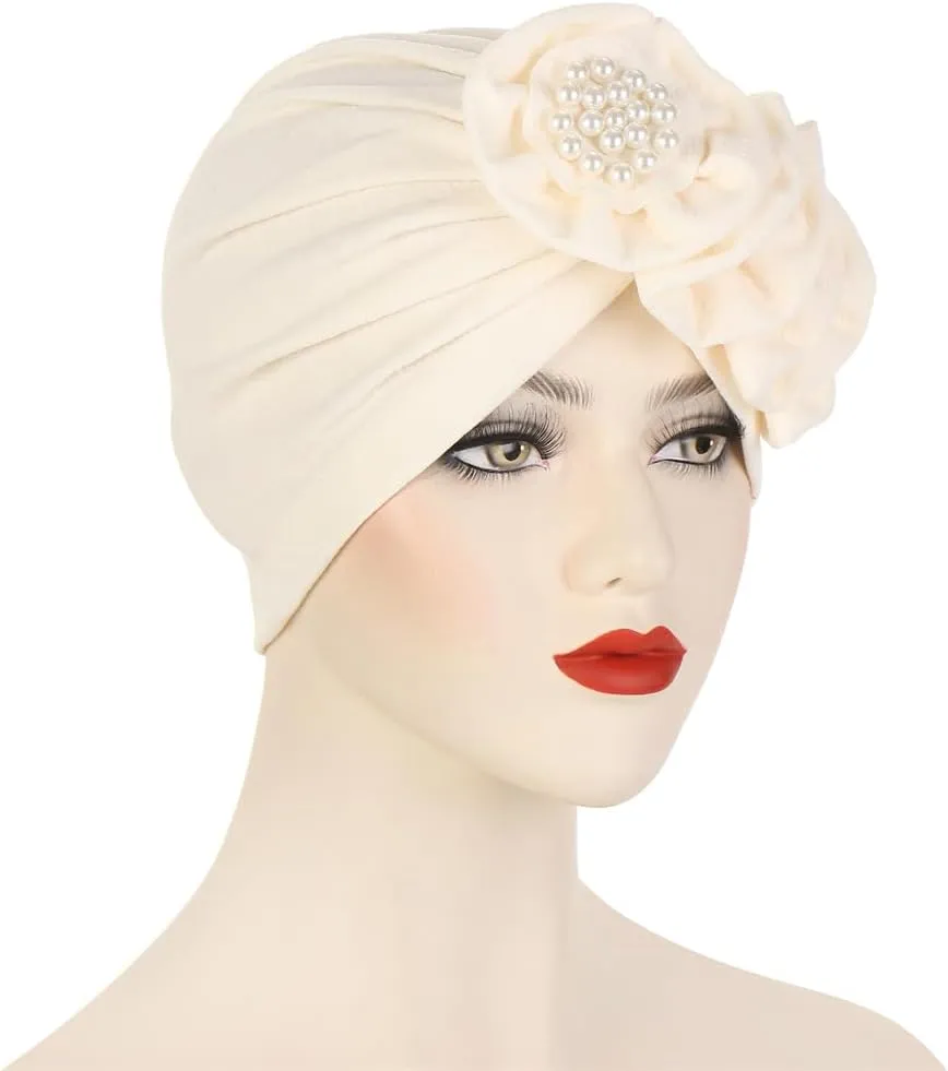 Chemo Turban Caps for Women - Bead Flower Solid Headwear Hats Pre Tied Headwraps for Cancer Patients