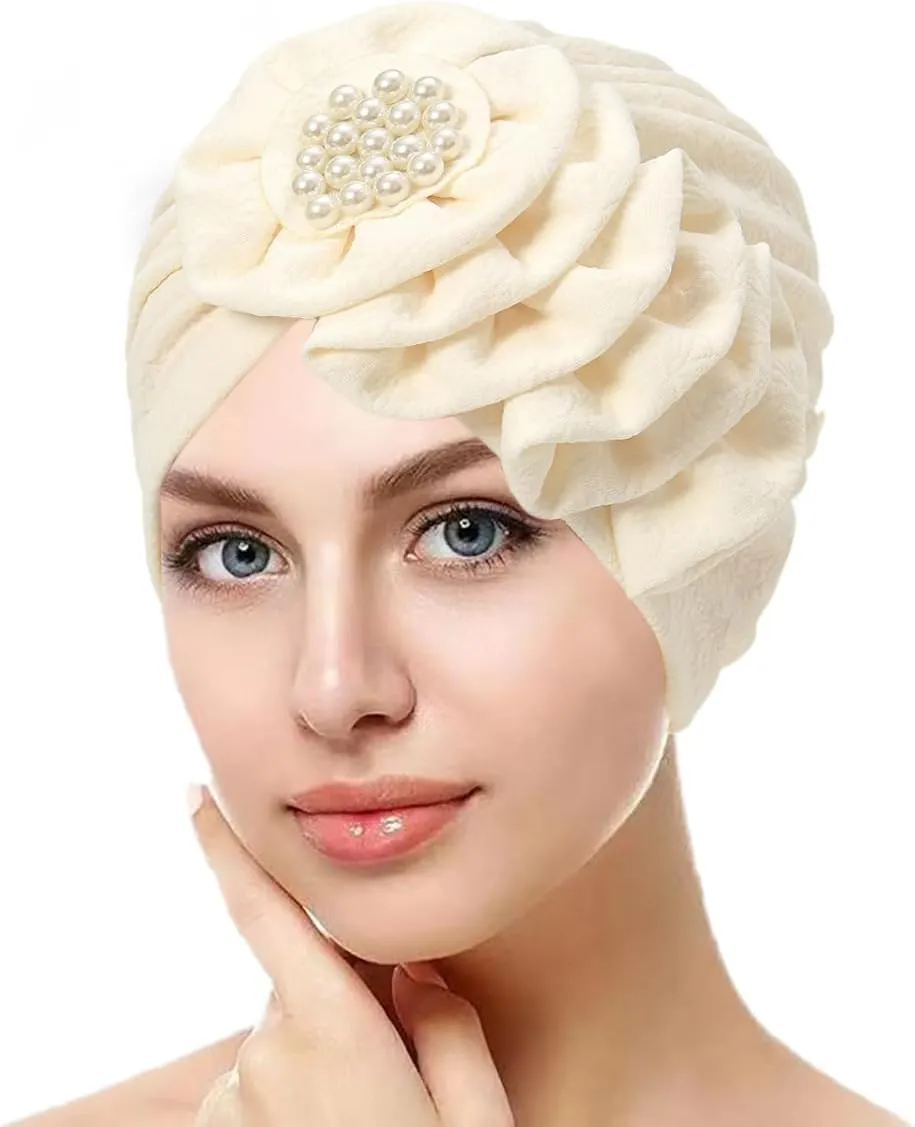 Chemo Turban Caps for Women - Bead Flower Solid Headwear Hats Pre Tied Headwraps for Cancer Patients