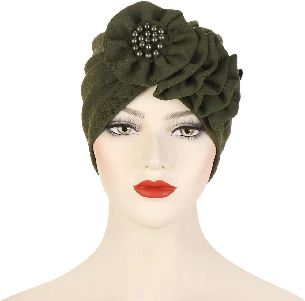 Chemo Turban Caps for Women - Bead Flower Solid Headwear Hats Pre Tied Headwraps for Cancer Patients