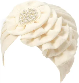 Chemo Turban Caps for Women - Bead Flower Solid Headwear Hats Pre Tied Headwraps for Cancer Patients