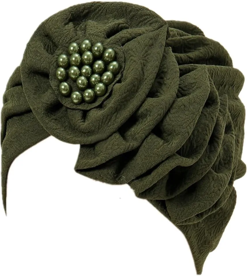 Chemo Turban Caps for Women - Bead Flower Solid Headwear Hats Pre Tied Headwraps for Cancer Patients