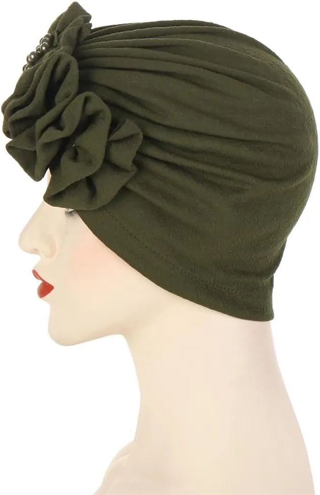 Chemo Turban Caps for Women - Bead Flower Solid Headwear Hats Pre Tied Headwraps for Cancer Patients