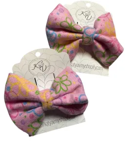 Colorful Flowers on Pink Mini Hair Bow Clip