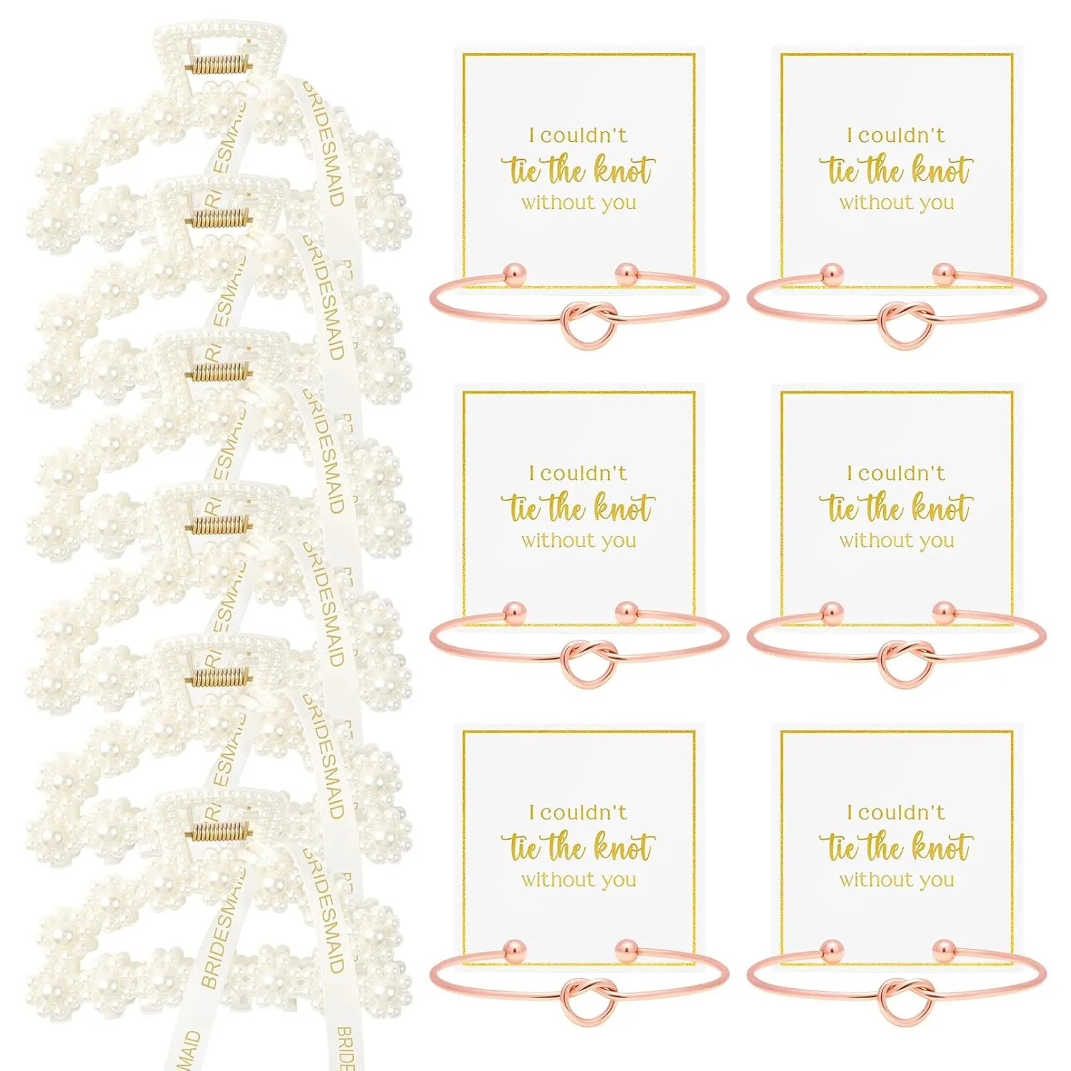DEEKA 12 Pcs Bridesmaid Proposal Gifts, Pearl Hair Claw Clips & Bridesmaid Knot Bracelet Bachelorette Party Wedding Favors Bridal Party Present Hair Accessories for Women(Rose Gold Bracelets)