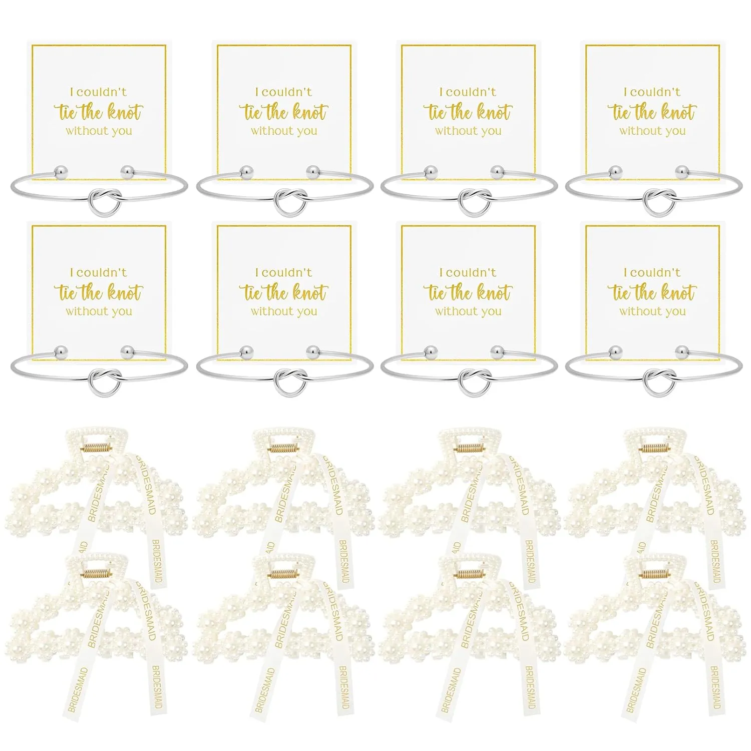 DEEKA 16 Pcs Bridesmaid Proposal Gifts, Pearl Hair Claw Clips & Bridesmaid Knot Bracelet Bachelorette Party Wedding Favors Bridal Party Present Hair Accessories for Women(Silver Bracelets)