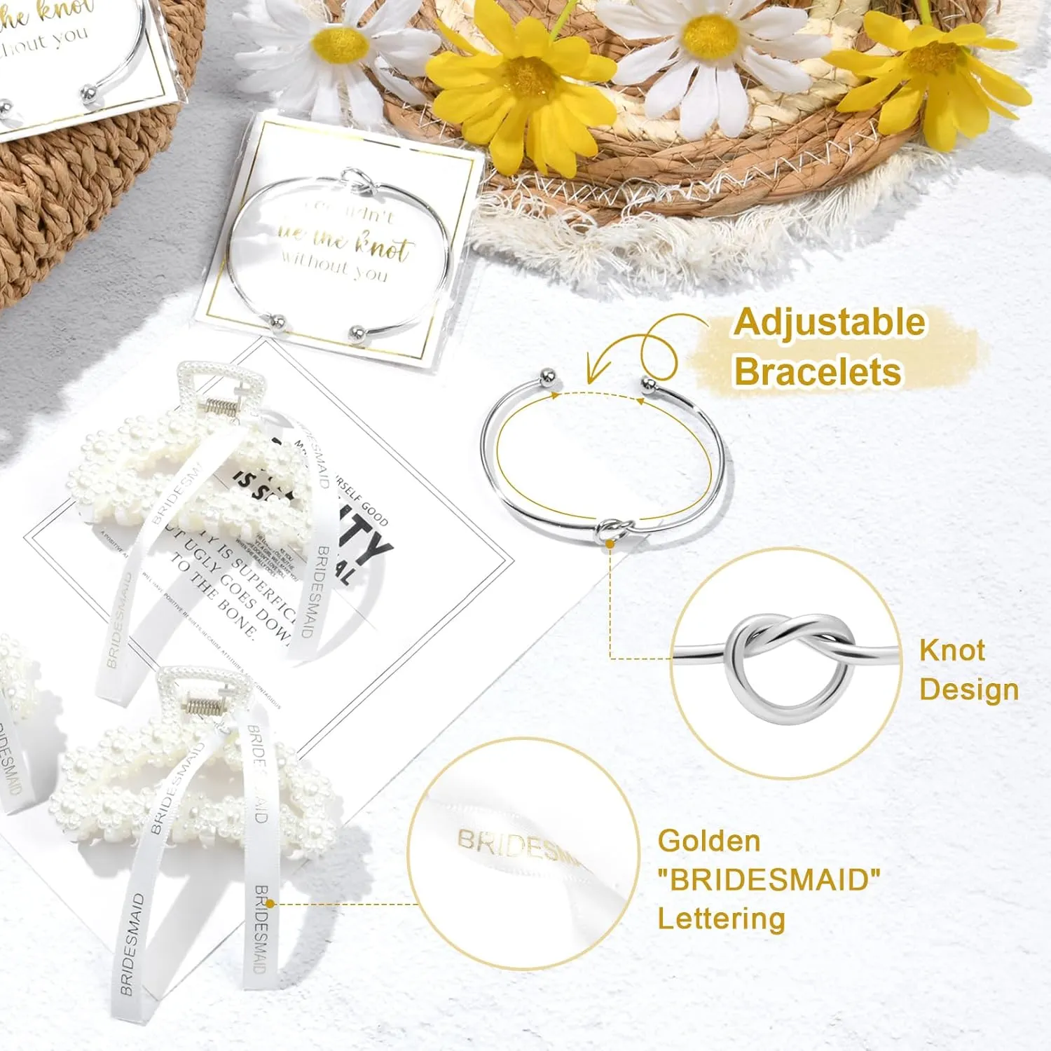 DEEKA 16 Pcs Bridesmaid Proposal Gifts, Pearl Hair Claw Clips & Bridesmaid Knot Bracelet Bachelorette Party Wedding Favors Bridal Party Present Hair Accessories for Women(Silver Bracelets)