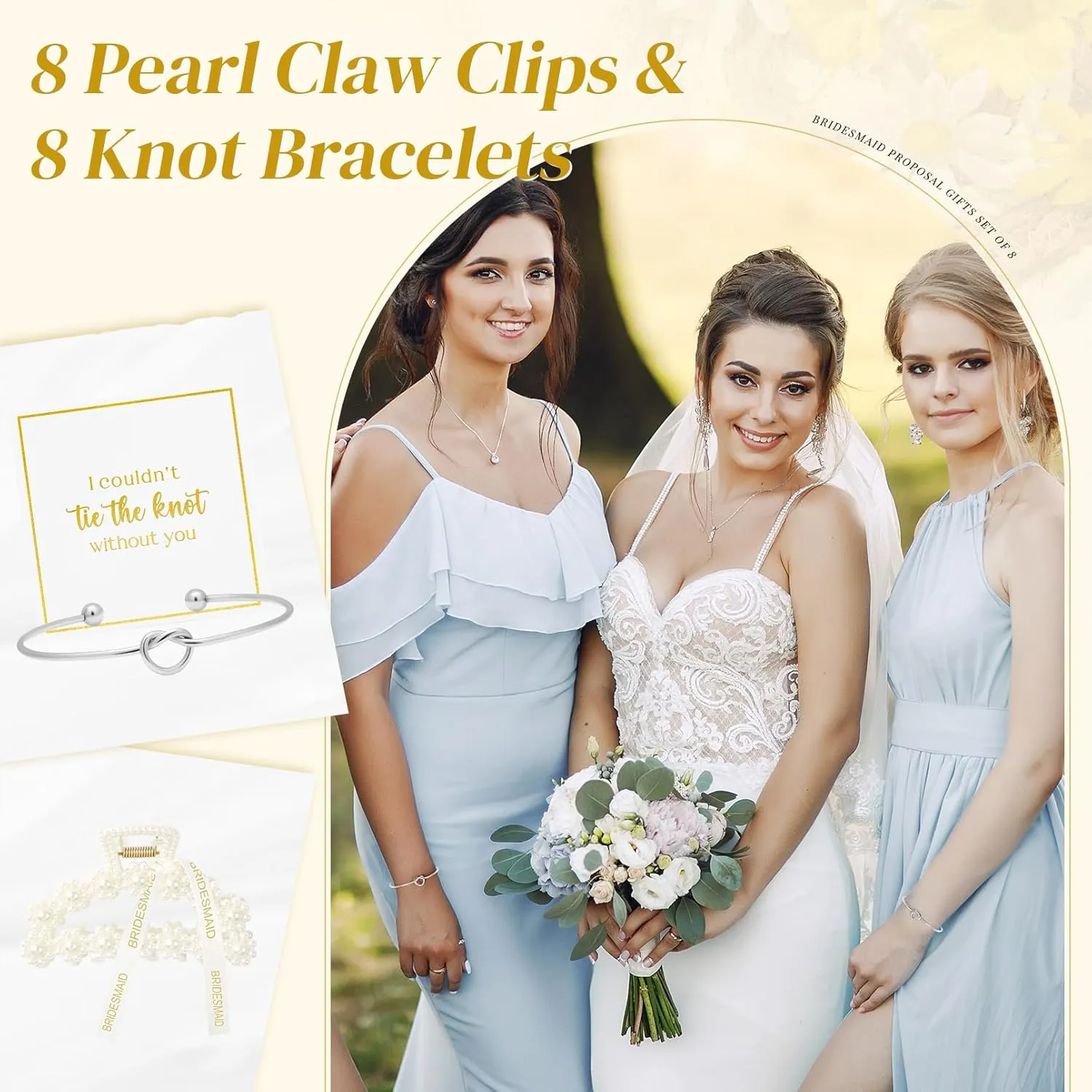 DEEKA 16 Pcs Bridesmaid Proposal Gifts, Pearl Hair Claw Clips & Bridesmaid Knot Bracelet Bachelorette Party Wedding Favors Bridal Party Present Hair Accessories for Women(Silver Bracelets)