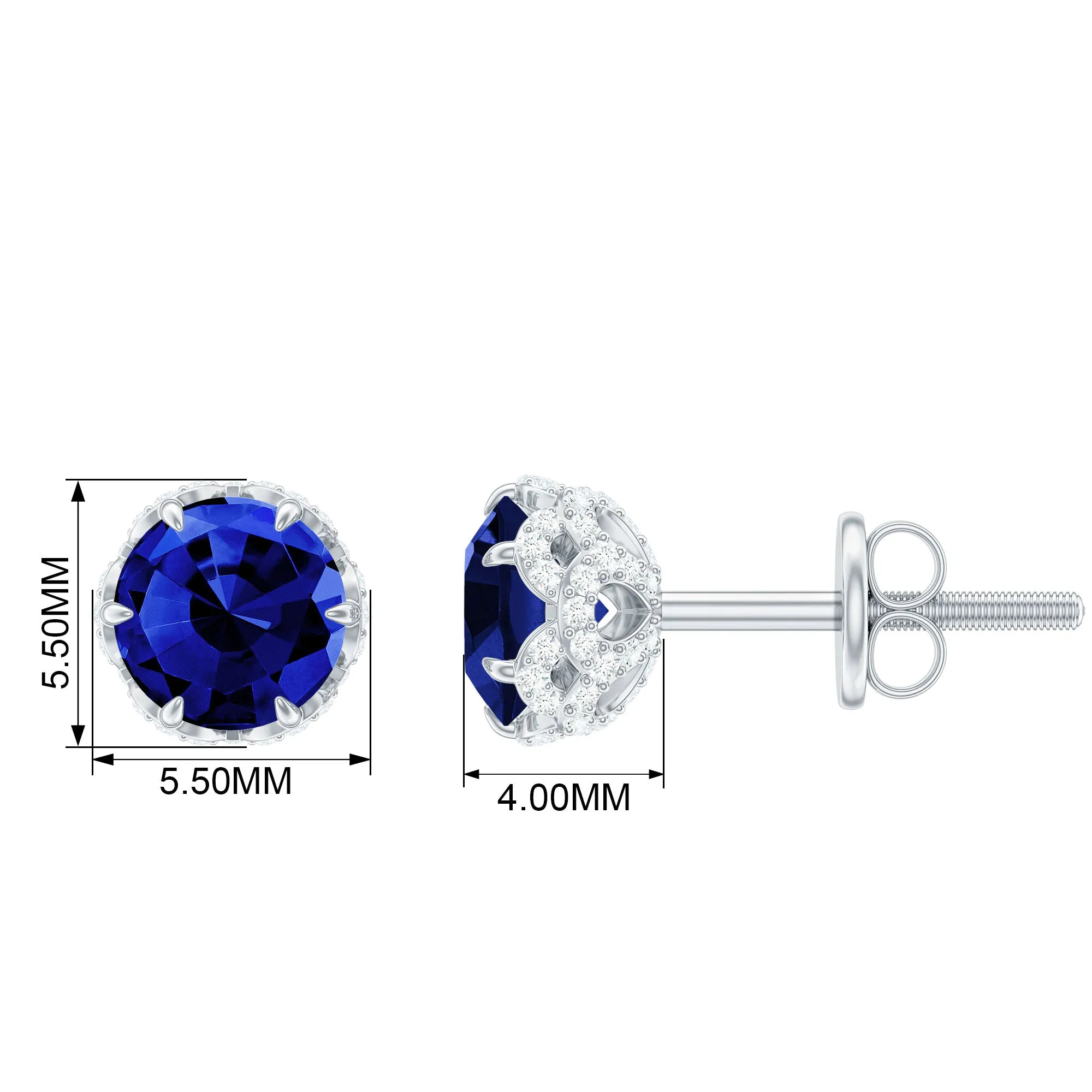 Designer Created Blue Sapphire Solitaire Stud Earrings with Diamond Accent
