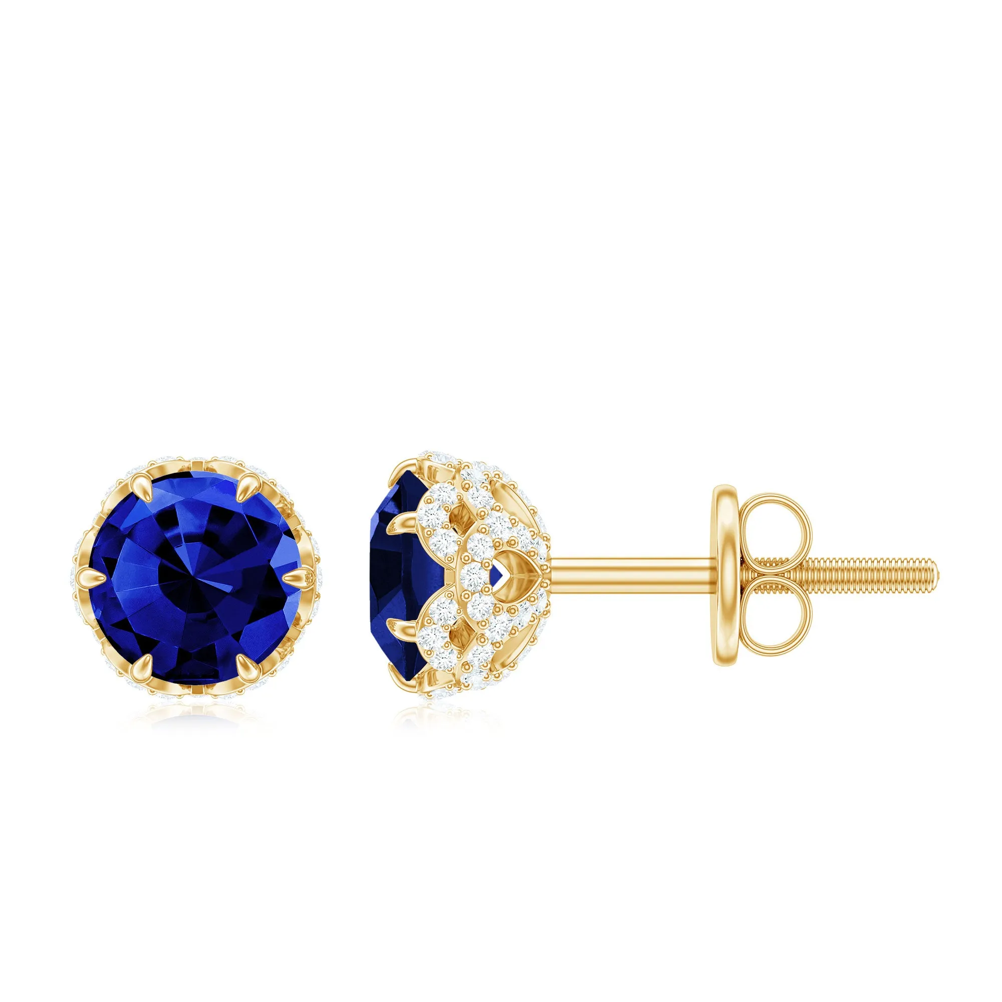 Designer Created Blue Sapphire Solitaire Stud Earrings with Diamond Accent