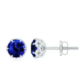 Designer Created Blue Sapphire Solitaire Stud Earrings with Diamond Accent
