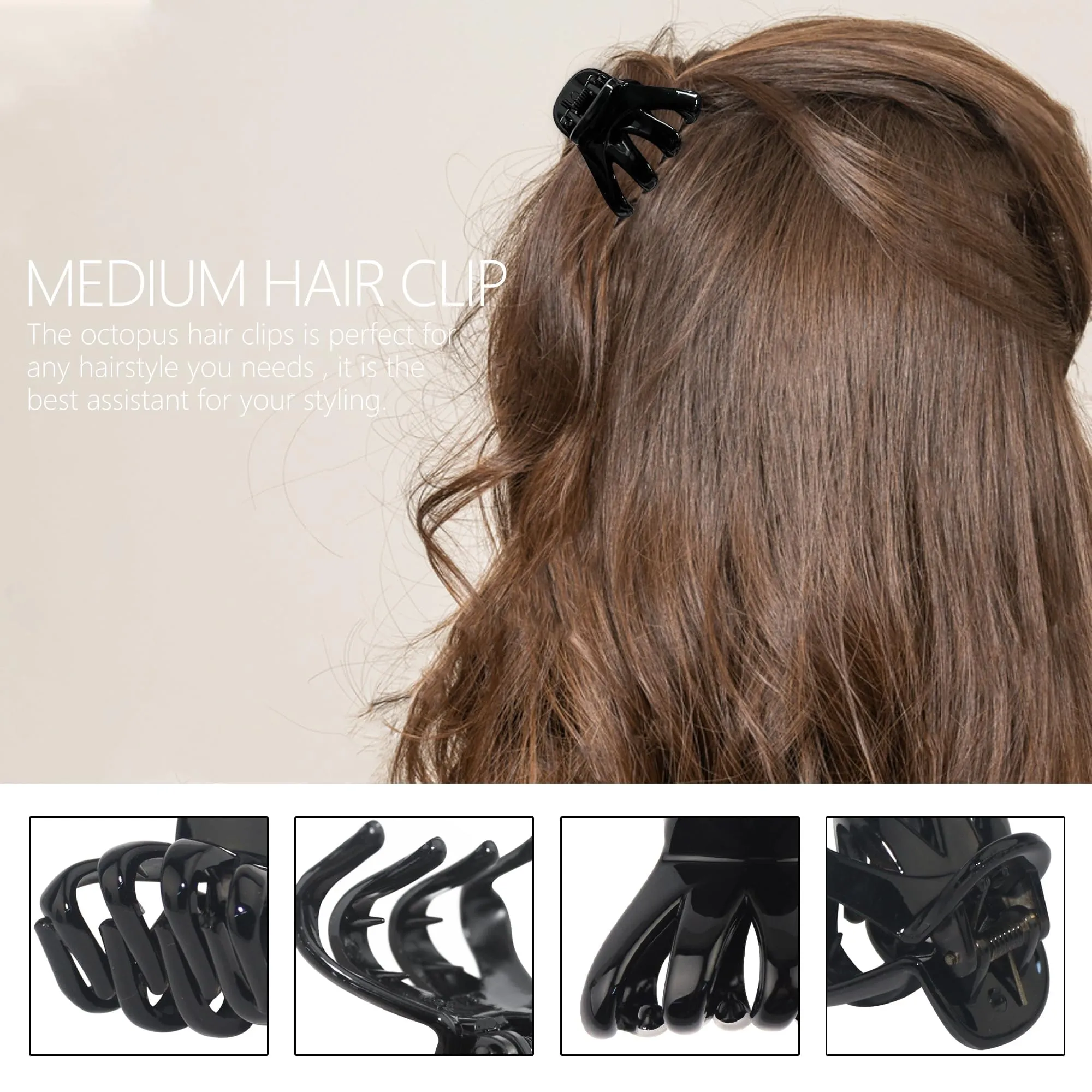 DIMUGE 4CM Medium Small Hair Claw Clips Sturdy Strong Grip Octopus Hair Clips with Teeth Non-slip Good for Women Girls Thin Thick Hair.(Black Brown Clear)
