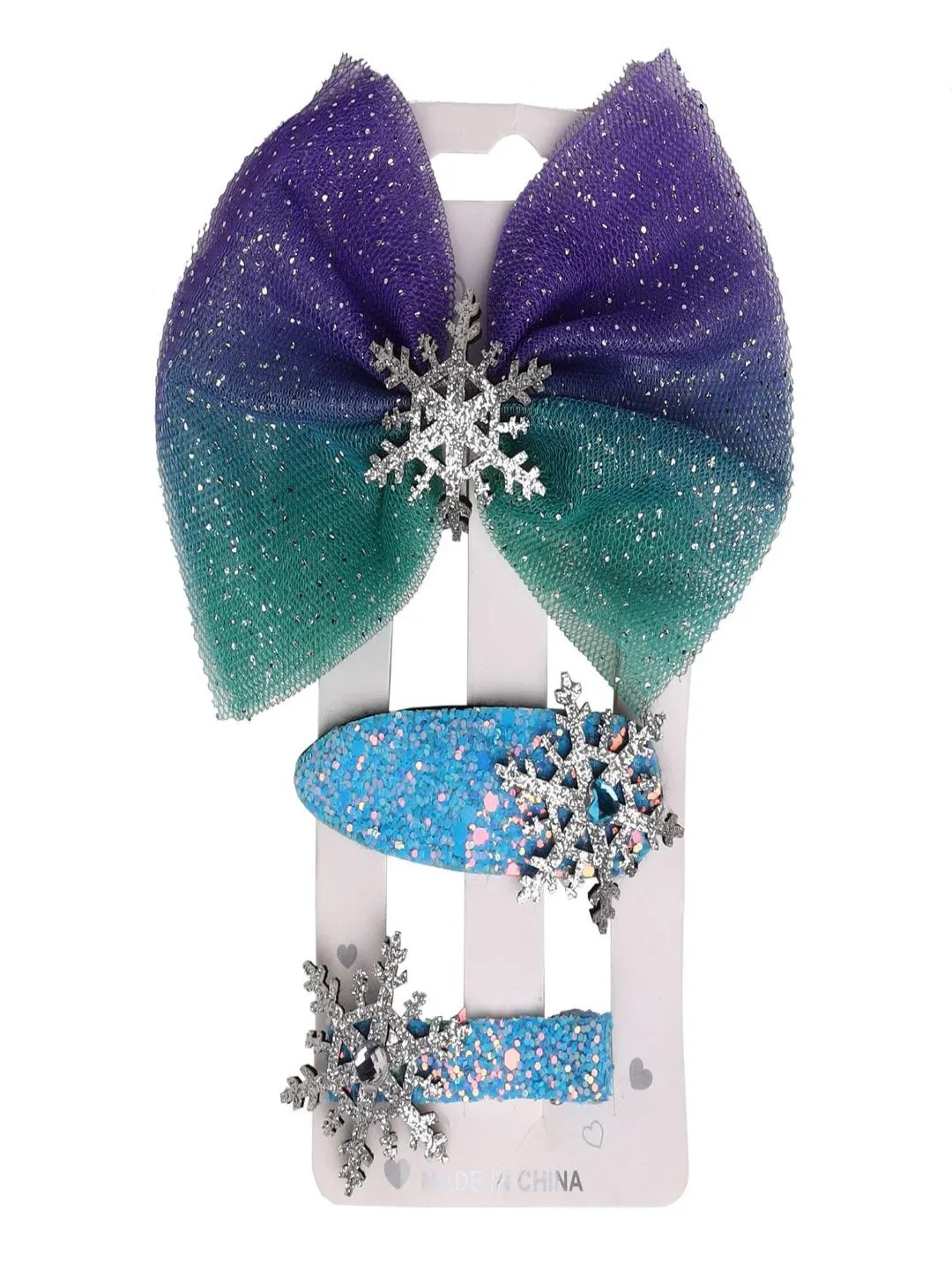 Girls' Purple Shimmer Bow Hair Clips with Stone Embellishment