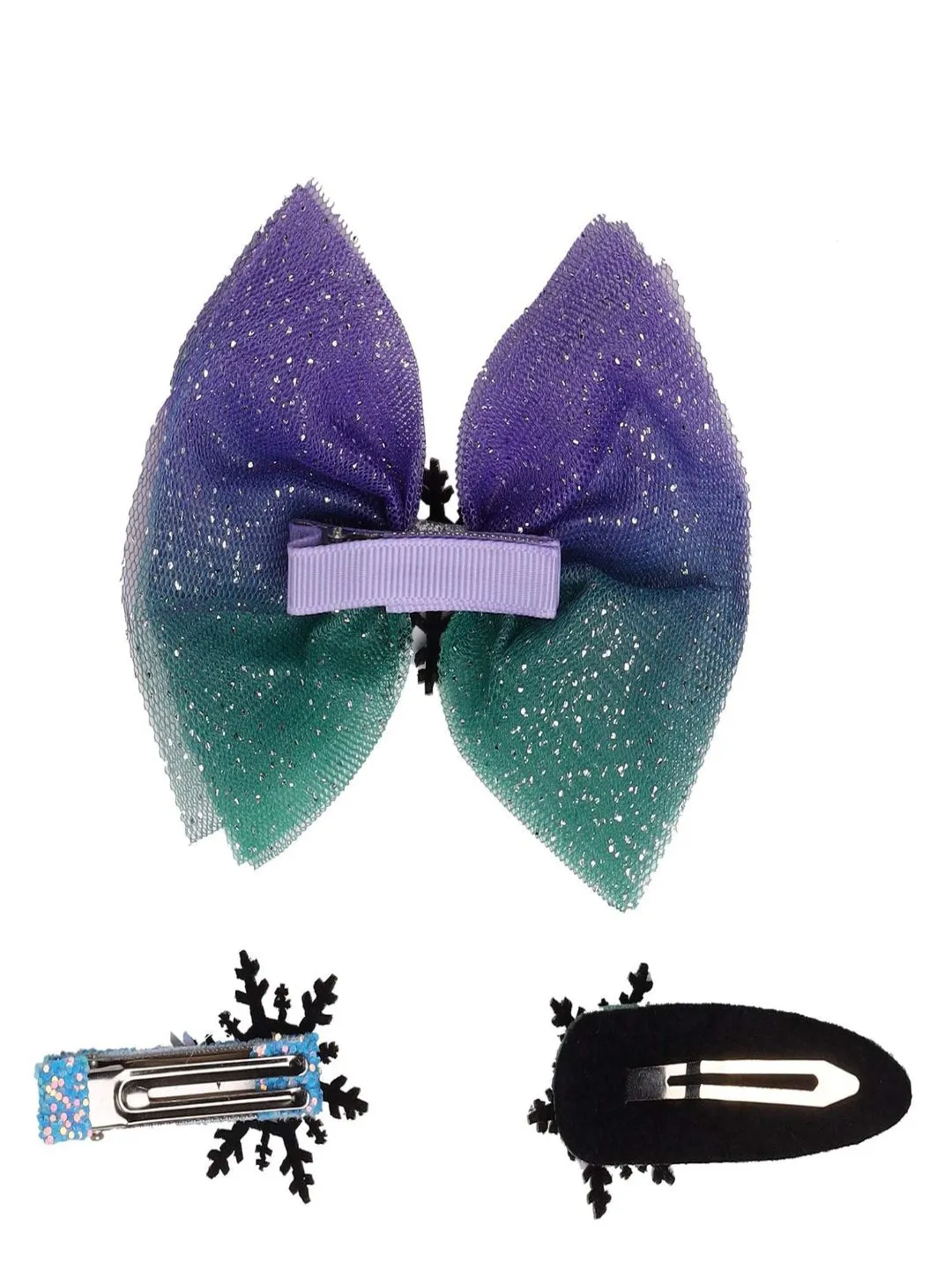 Girls' Purple Shimmer Bow Hair Clips with Stone Embellishment
