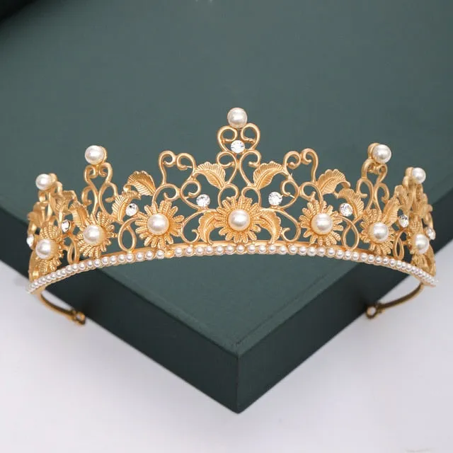 Gold or Silver Tone Crystal Rhinestone and Pearl Quince Tiaras and Wedding Crowns
