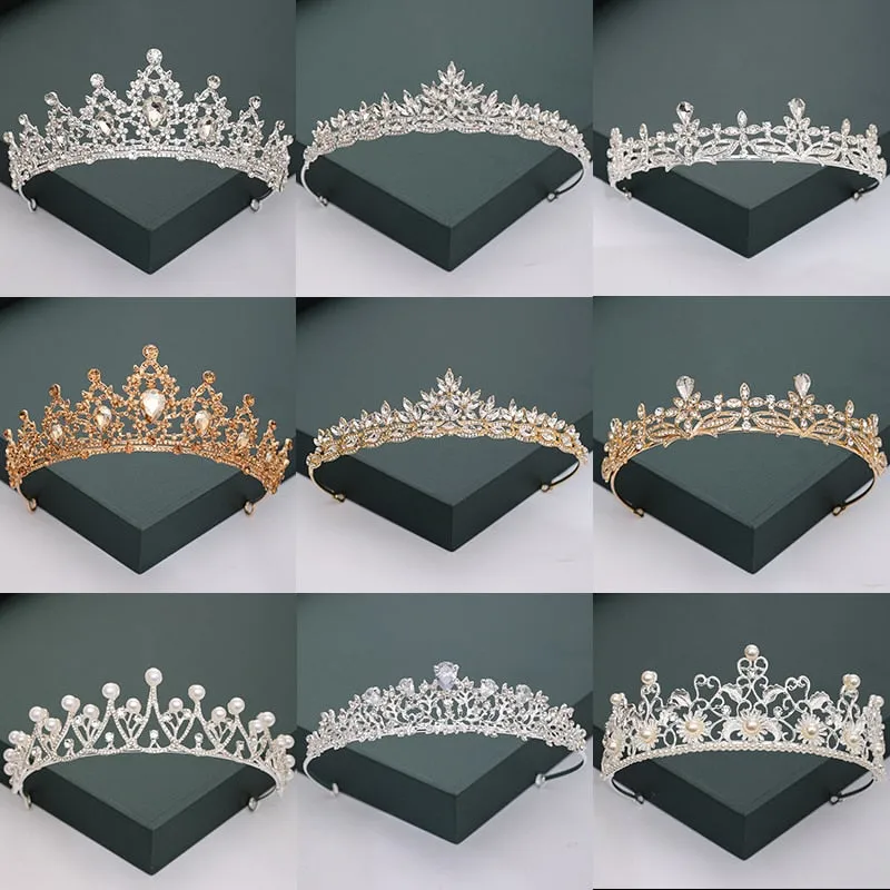 Gold or Silver Tone Crystal Rhinestone and Pearl Quince Tiaras and Wedding Crowns
