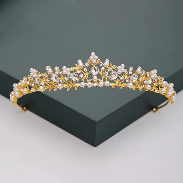 Gold or Silver Tone Crystal Rhinestone and Pearl Quince Tiaras and Wedding Crowns