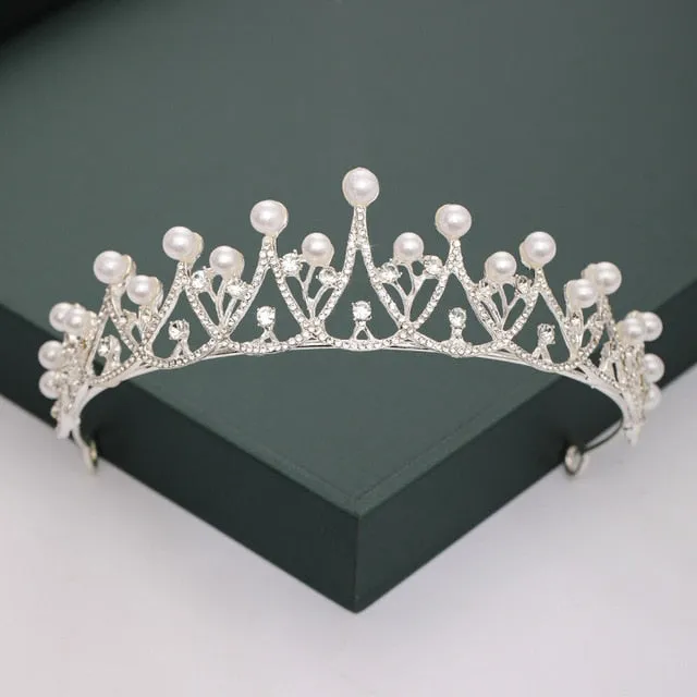 Gold or Silver Tone Crystal Rhinestone and Pearl Quince Tiaras and Wedding Crowns