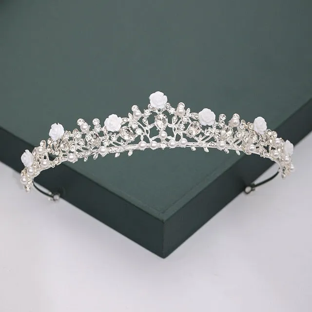 Gold or Silver Tone Crystal Rhinestone and Pearl Quince Tiaras and Wedding Crowns