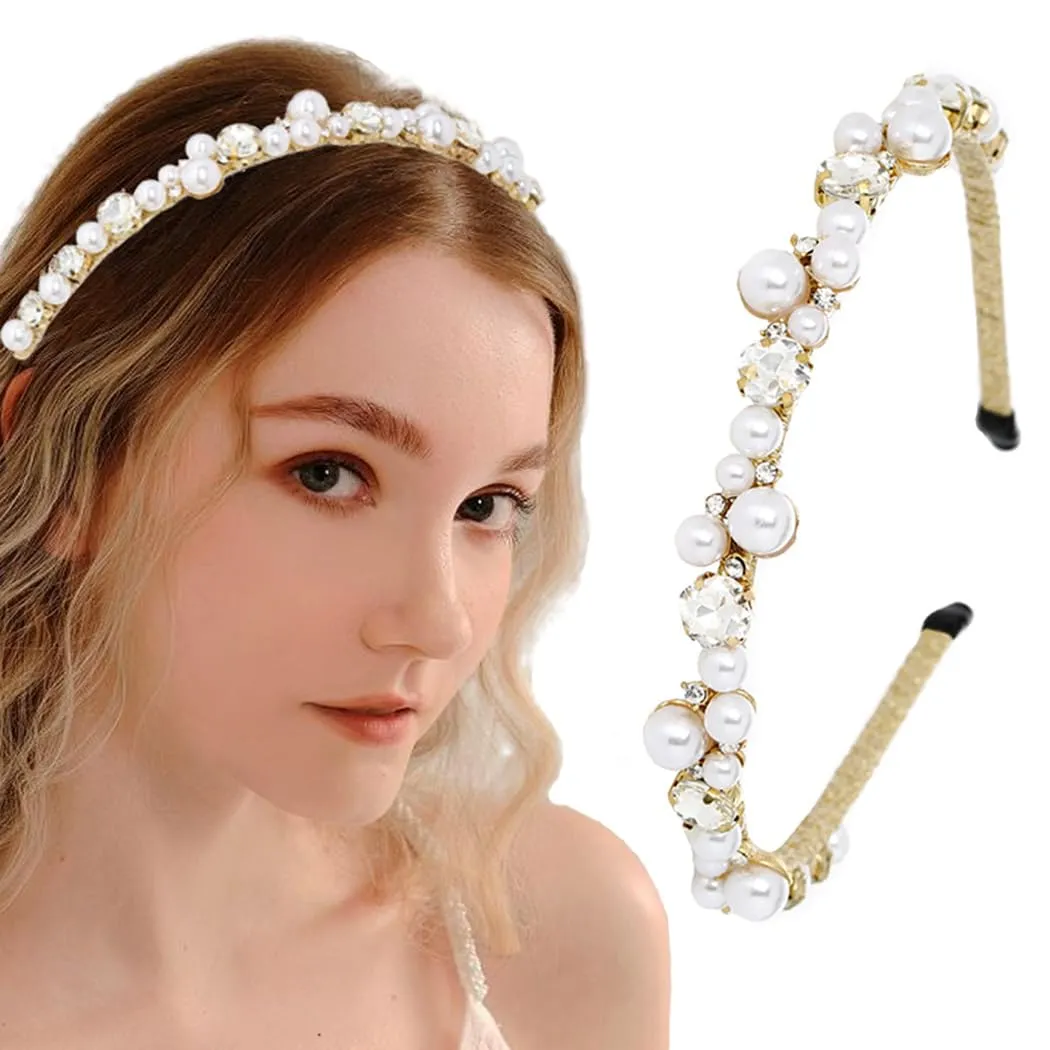 Gold Thin Headband Rhinestones Pearl Hairband Sparkly Crystal Head Bands Accessories for Women(Type A)