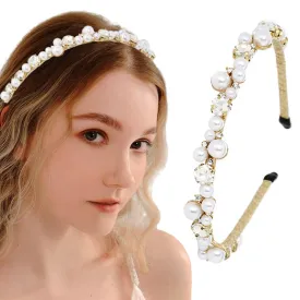 Gold Thin Headband Rhinestones Pearl Hairband Sparkly Crystal Head Bands Accessories for Women(Type A)