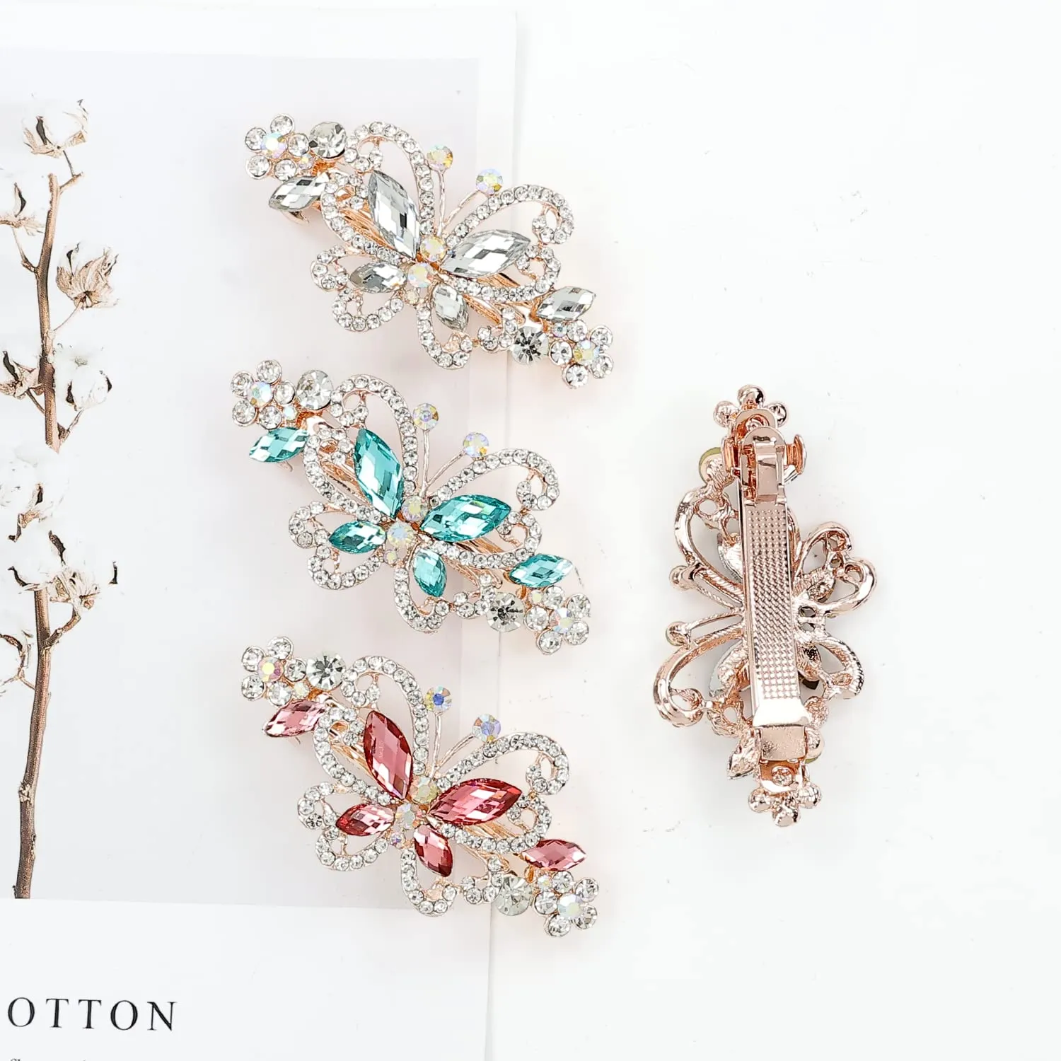 inSowni 4 Pack Luxury Glitter Sparkly Jeweled Gems Crystal Rhinestone Butterfly Metal French Barrettes Alligator Snap Hair Clips Headpieces Accessories for Women Girls