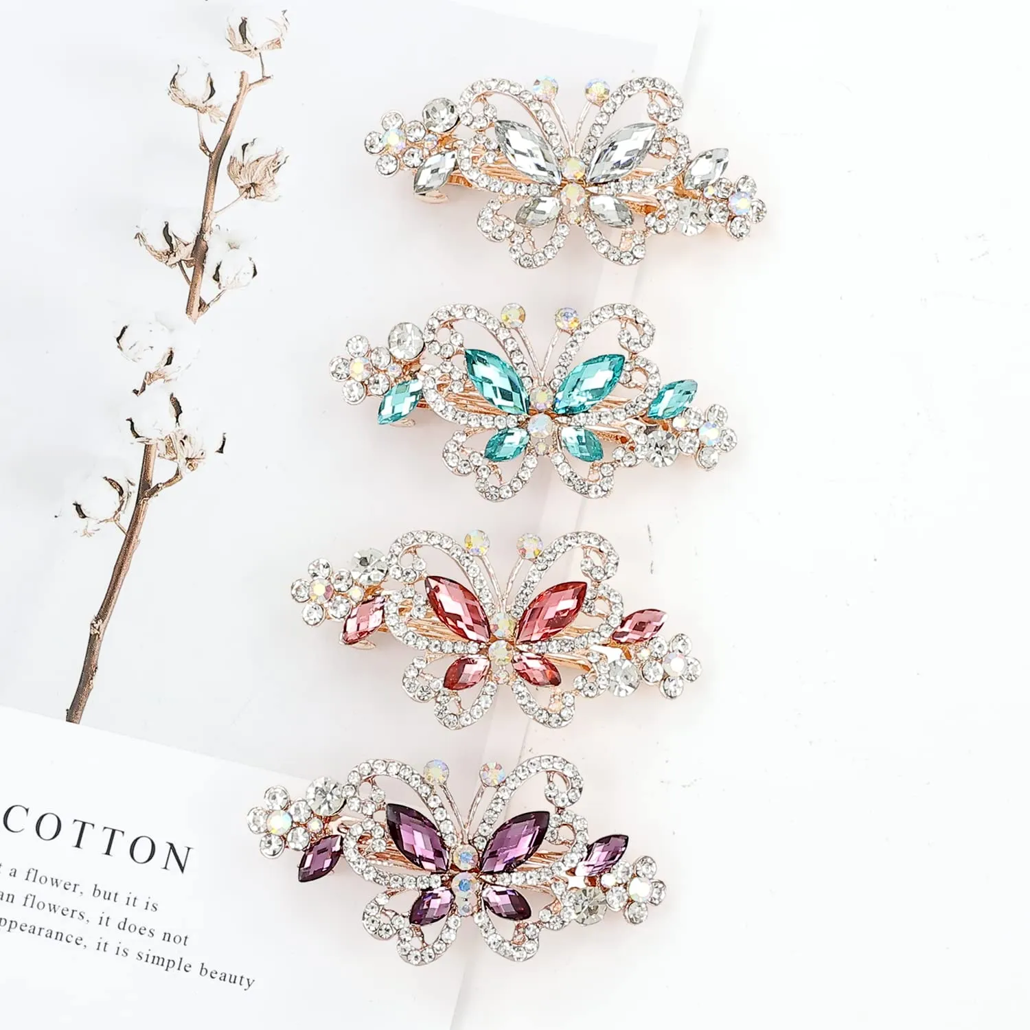inSowni 4 Pack Luxury Glitter Sparkly Jeweled Gems Crystal Rhinestone Butterfly Metal French Barrettes Alligator Snap Hair Clips Headpieces Accessories for Women Girls