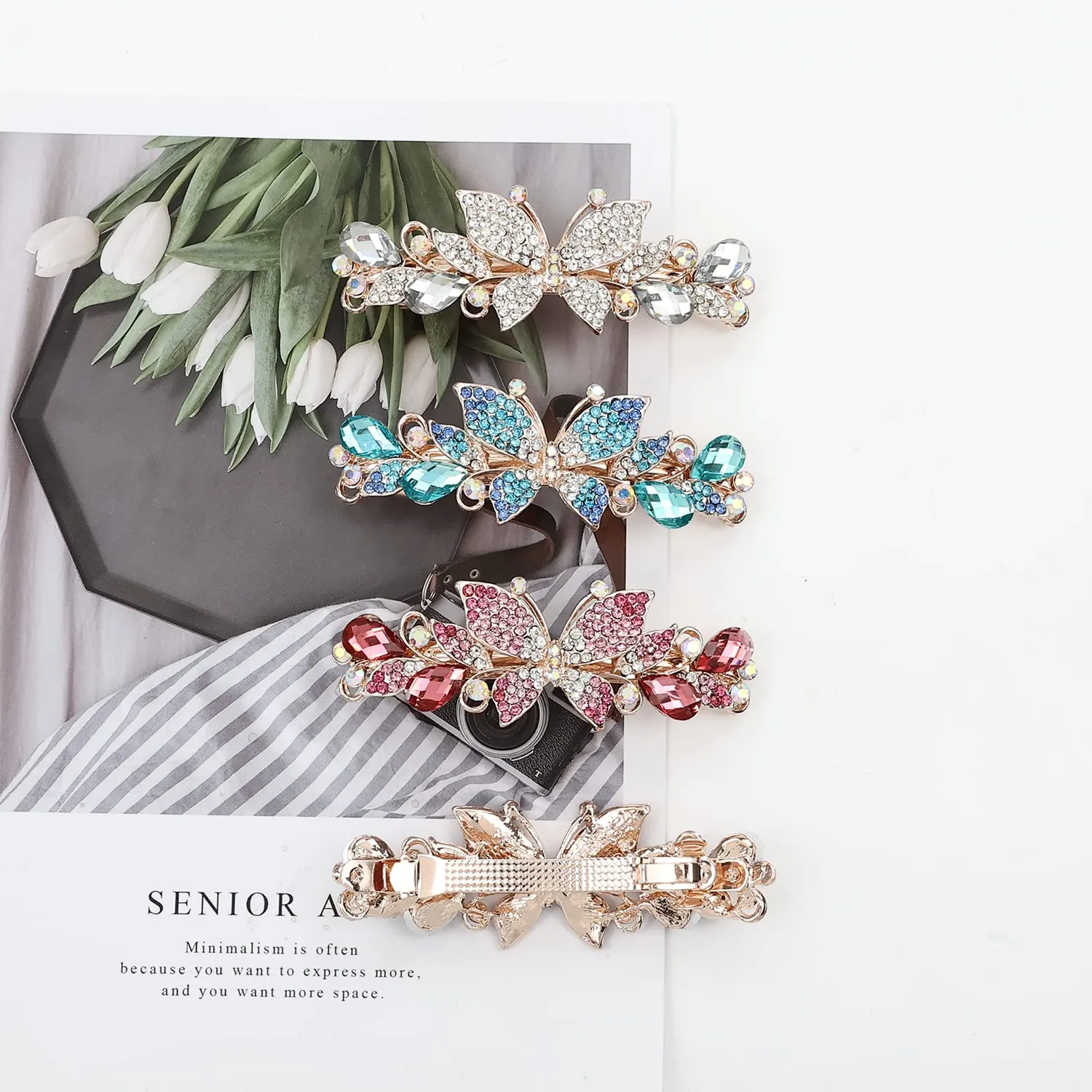inSowni 4 Pack Luxury Glitter Sparkly Jeweled Gems Crystal Rhinestone Butterfly Metal French Hair Barrettes Fancy Bling Alligator Snap Butterflies Hair Clips Headpieces Accessories for Women Girls