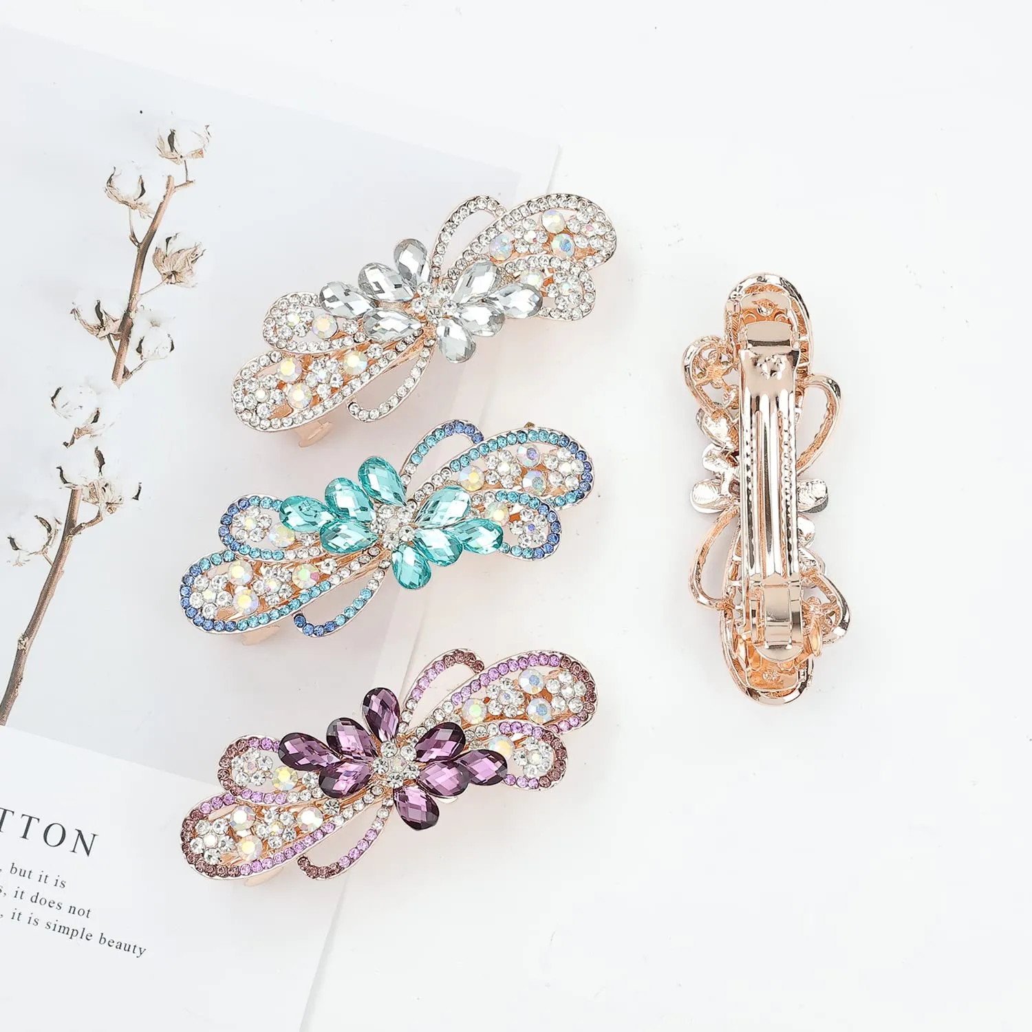 inSowni 4 Pack Luxury Glitter Sparkly Jeweled Gems Crystal Rhinestone Flower Metal French Barrettes Snap Alligator Hair Clips Headpieces Accessories for Women Girls