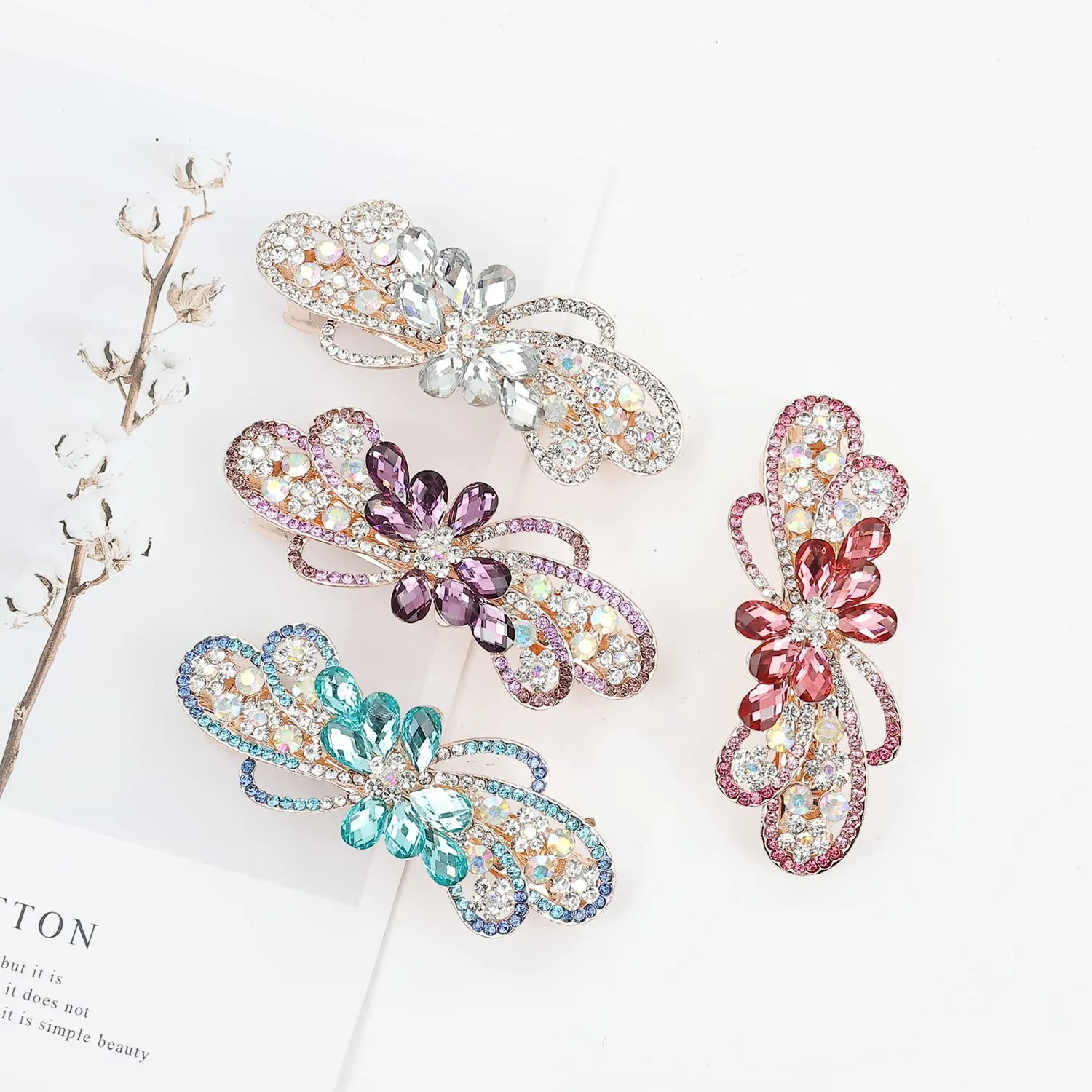 inSowni 4 Pack Luxury Glitter Sparkly Jeweled Gems Crystal Rhinestone Flower Metal French Barrettes Snap Alligator Hair Clips Headpieces Accessories for Women Girls